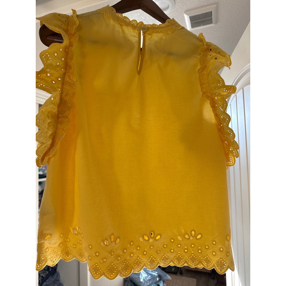 Driftwood Womens XL Yellow Eyelet Cotton Ruffle‎ Sleeve Scallop Hem Top Blouse - Picture 3 of 7